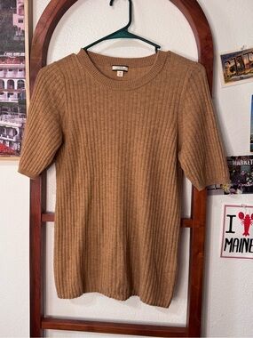 J. Crew 100% Cashmere Ribbed Camel Brown Short Sleeve Sweater Top